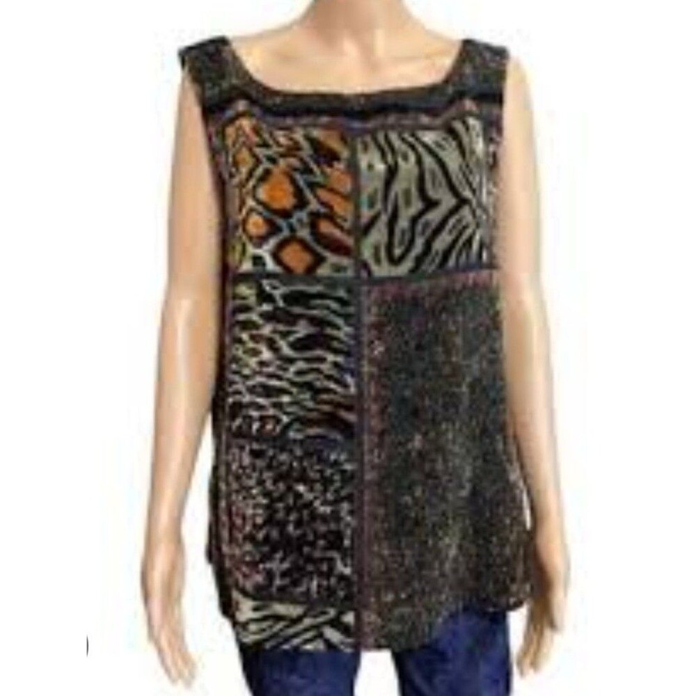 vintage Carole Little velvet patchwork animal print tank top blouse.women 14.